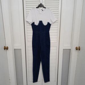 Blanc Womens Denim Jumpsuit Size Sm White Tee Underneath Short Sleeve Long Pants